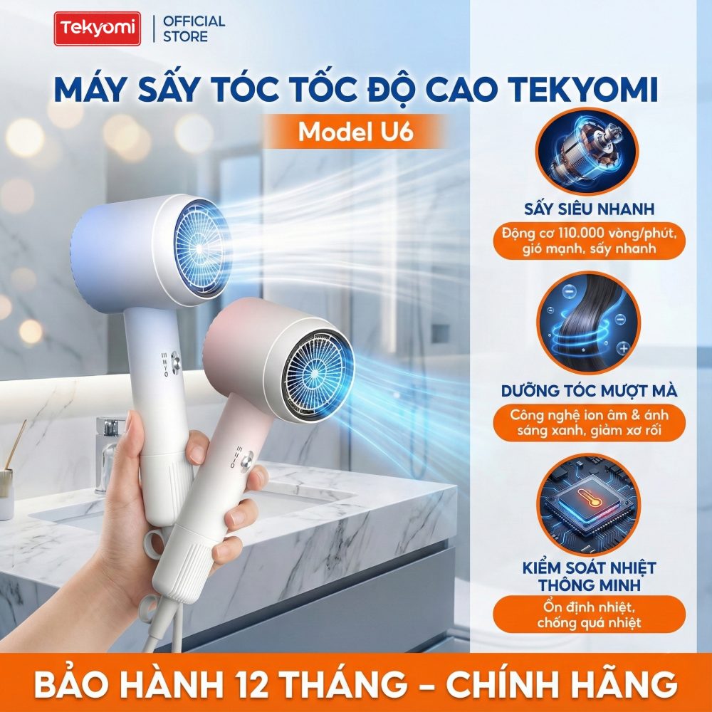 Máy sấy tóc mini TEKYOMI U6 1800W – Nhẹ, tiện lợi, sấy nhanh khô, phù hợp gia đình & du lịch
