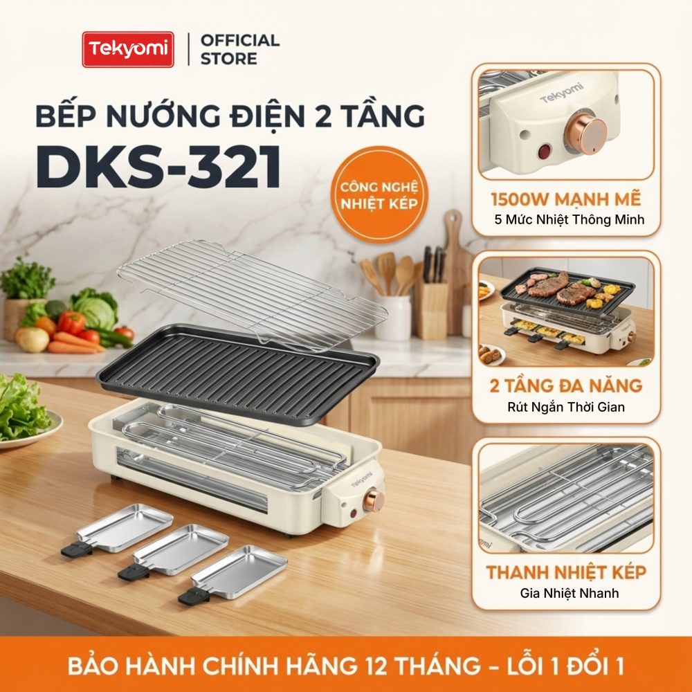 Bếp Nướng Điện Không Khói 2 Tầng Tekyomi DKS-321 – Công Suất 1500W, Cao Cấp, Đa Năng Tiện Lợi