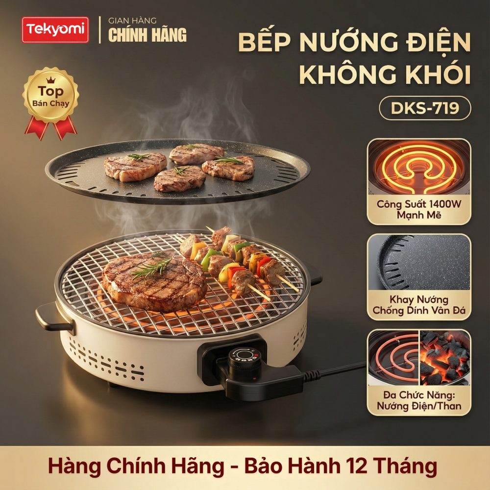 Bếp Nướng Điện Không Khói Tròn TEKYOMI DKS-719 – Đa Năng, An Toàn, Dễ Vệ Sinh